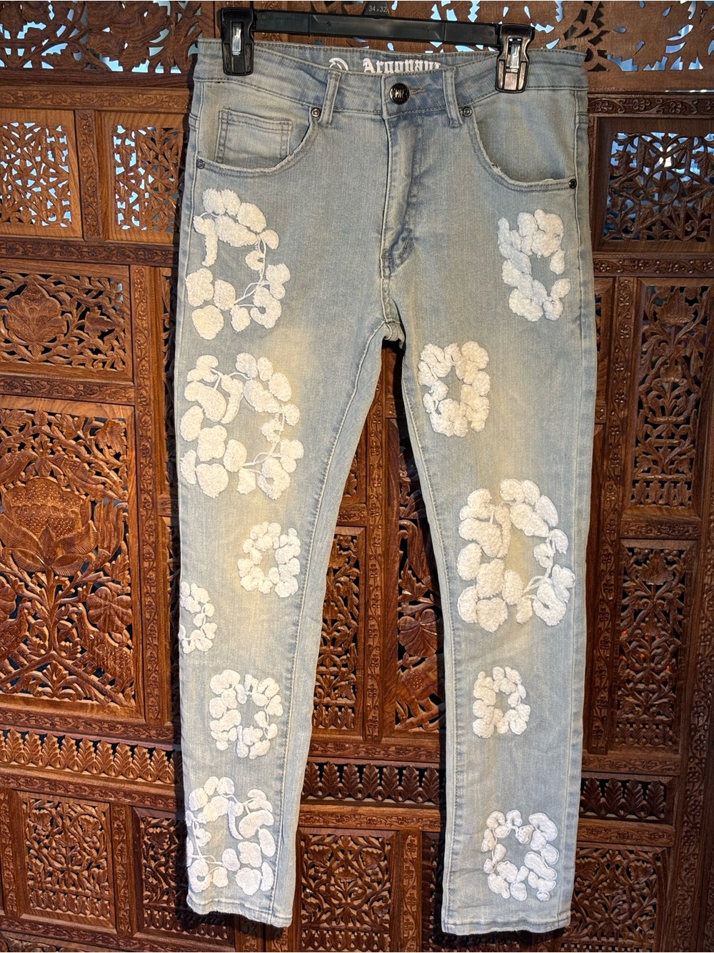 Argonaut Light Blue Skinny Jeans with White Floral puffy Floral Design